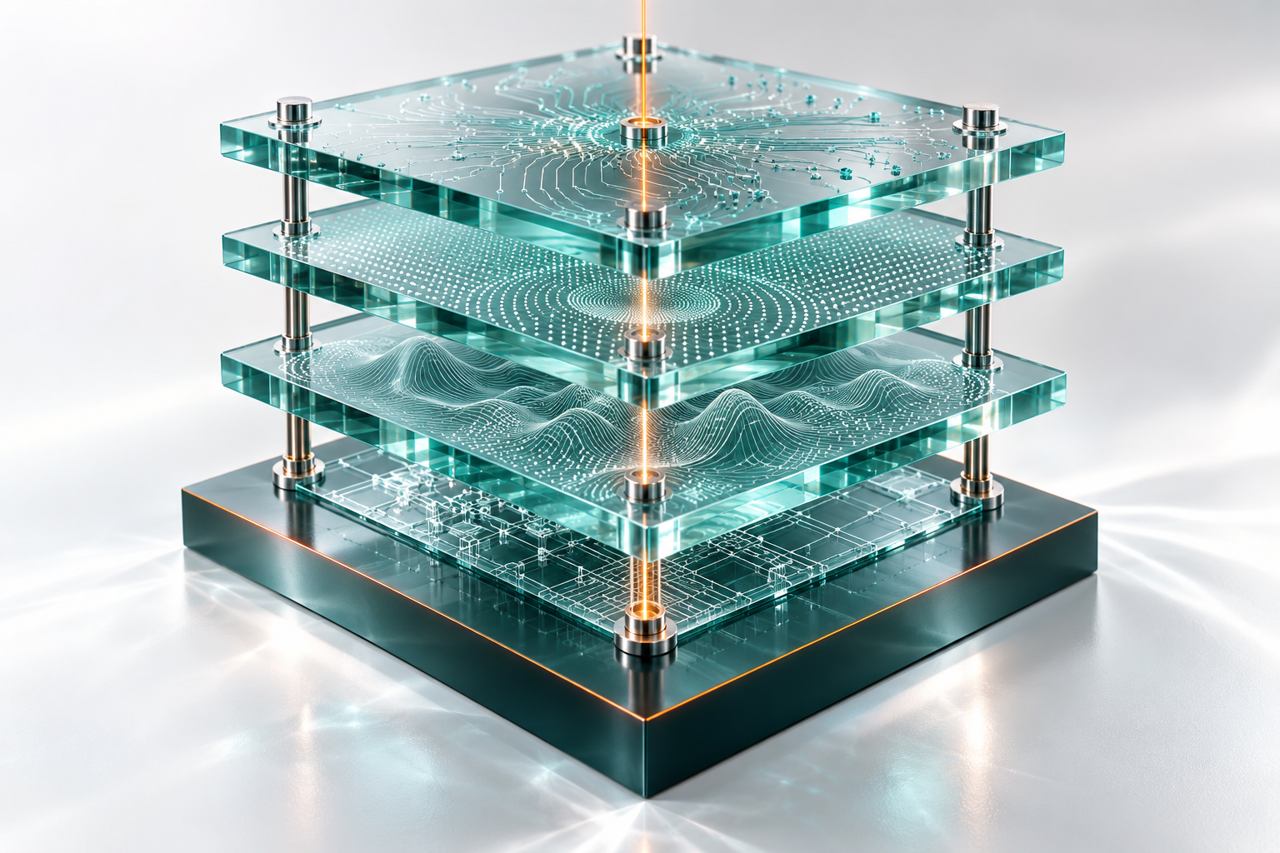 Four transparent glass layers reveal the structure of access, performance, operating limits and change. Concept illustration.