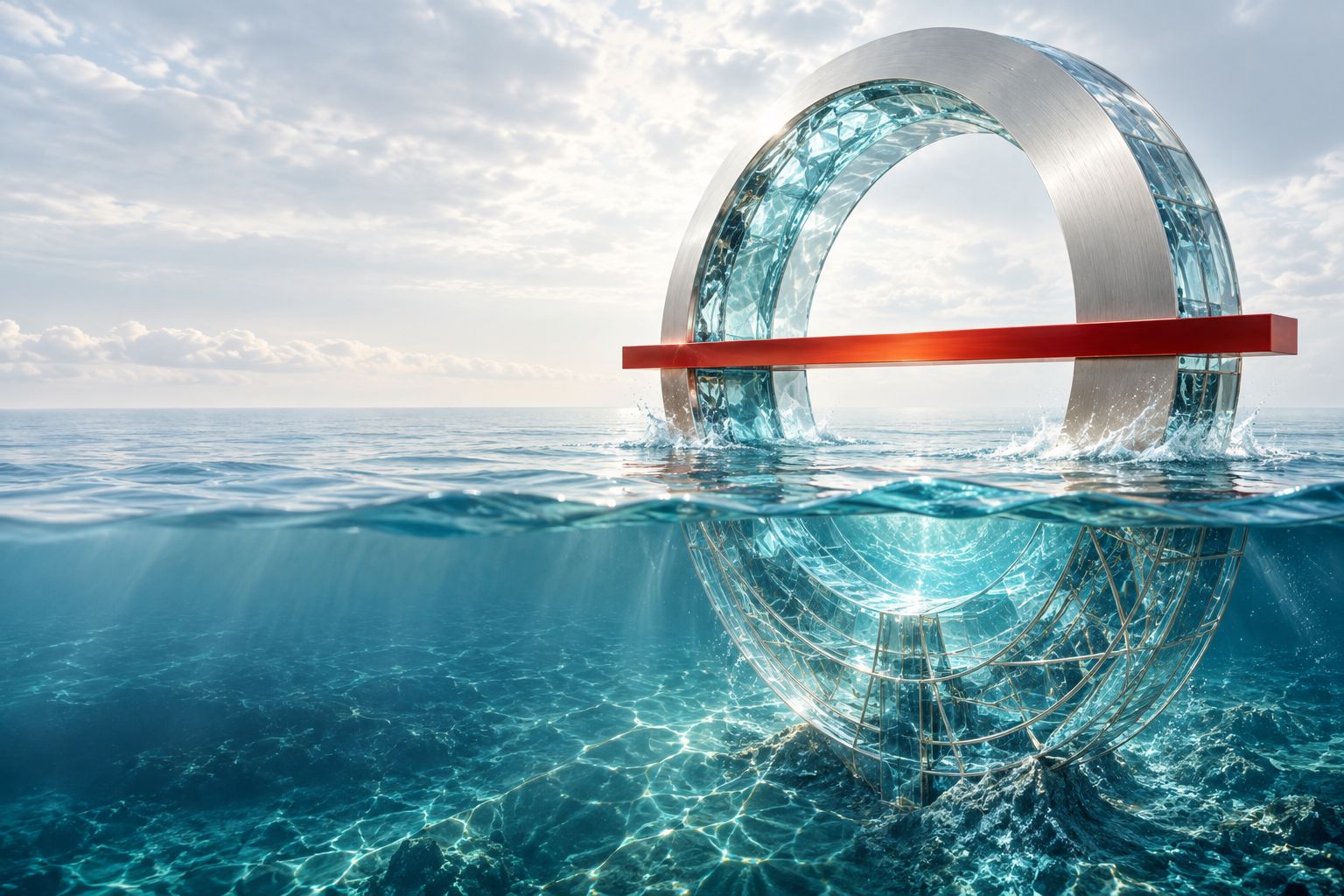 A glass and platinum Plimsoll mark makes the ocean waterline visible. Concept artwork.