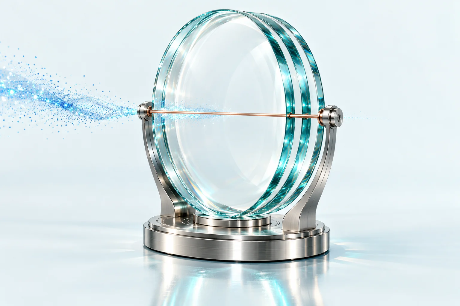 A precision glass instrument with three transparent lenses and a copper reference line, rendering a stream of blue particles visible.